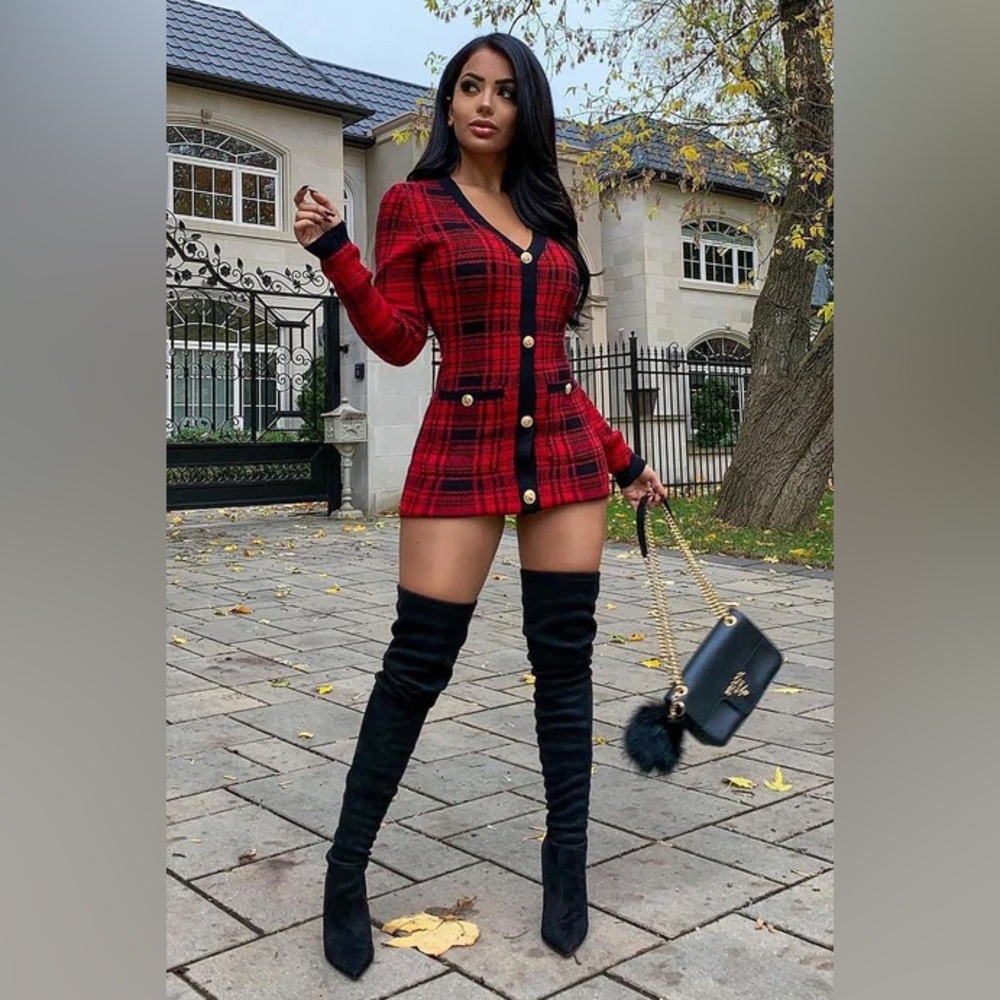 Red and Black Plaid Women's Sweater